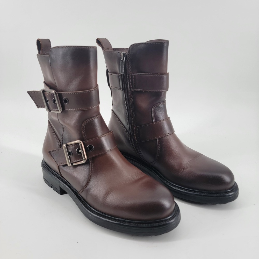 La Canadienne Wise Waterproof Leather Combat Boots Womens 6 36 Dark Brown Buckle